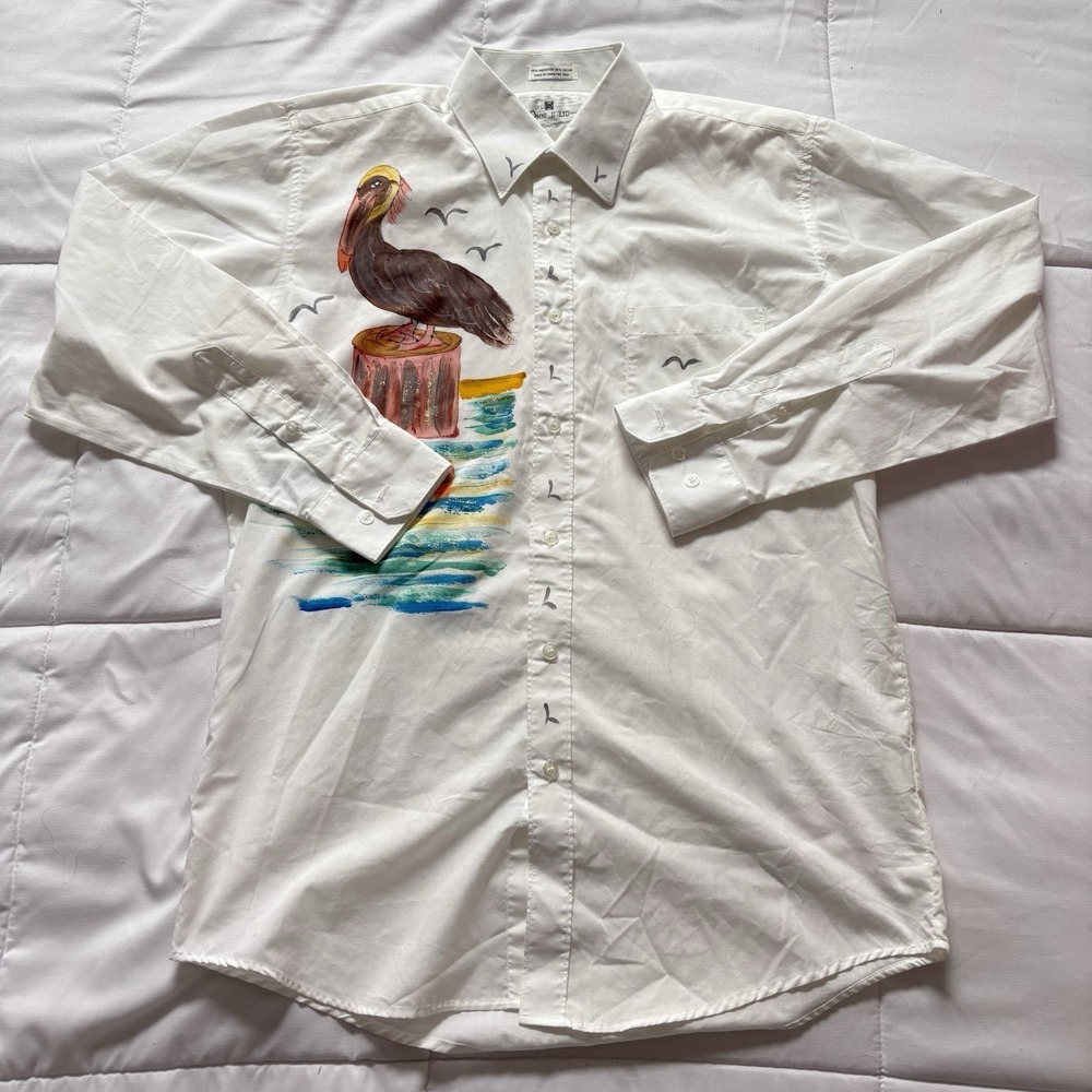 Vintage Button Down Shirt Womens White Nautical Art‎ Painted Summer Beach Preppy
